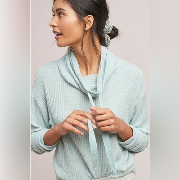 Anthropologie Saturday Sunday Whistler Waffle Cowl Neck Pullover Blueish Green - Picture 2 of 9